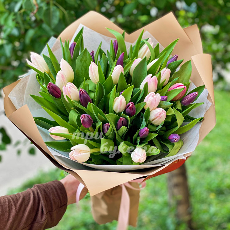 Букет фиолетовых и розовых тюльпанов