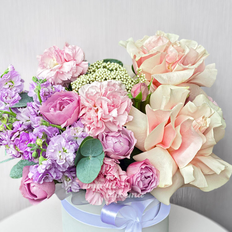 Мини-коробка нежных роз, маттиол и гвоздик (крупный план)